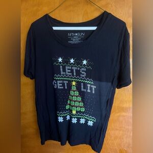 Fifth Sun Black Tee with Green, Red and Yellow Holiday Tree Graphic